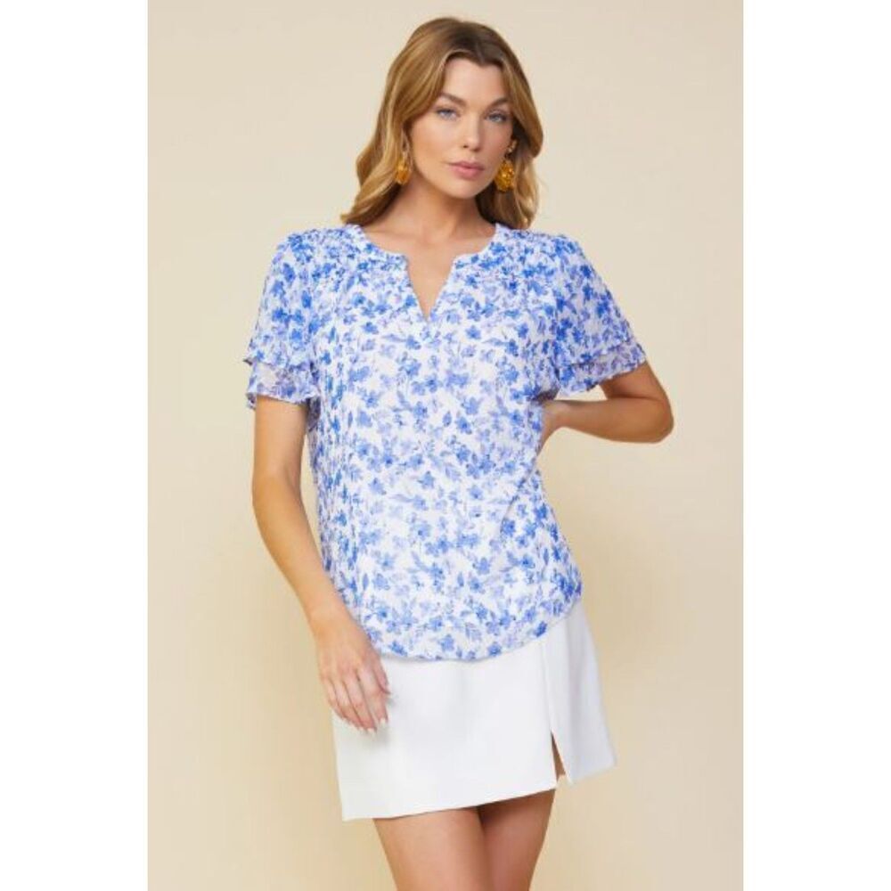 Skies Are Blue Sweet Floral Ruffle Top Blouse White‎ Blue XS